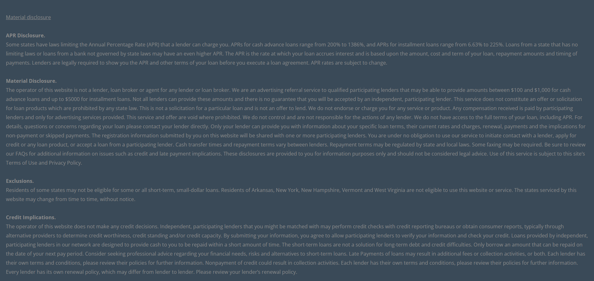 Material disclosure for payday loans in Columbia South Carolina